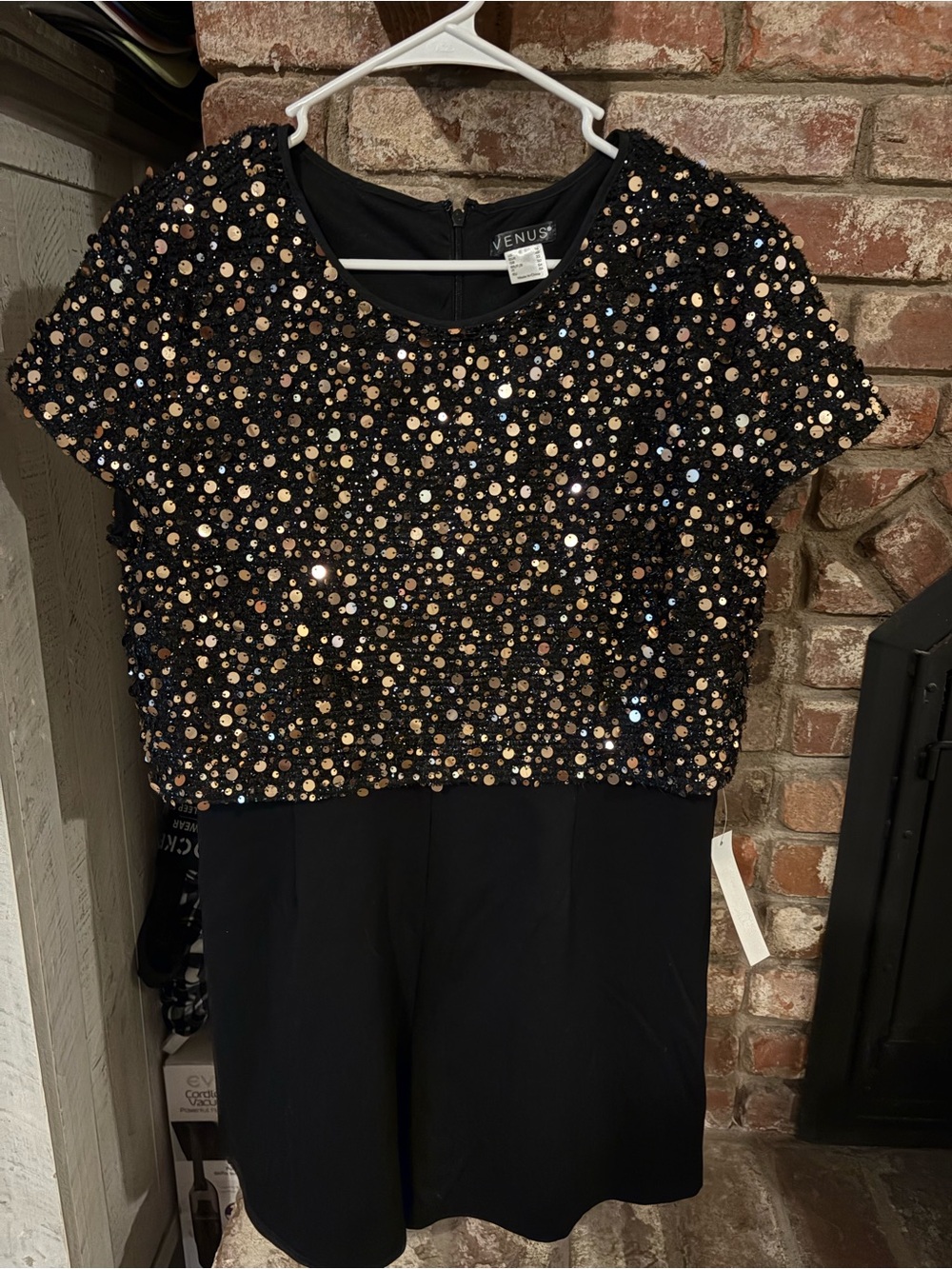 VENUS Black Sequin Party Dress with Metallic Accents